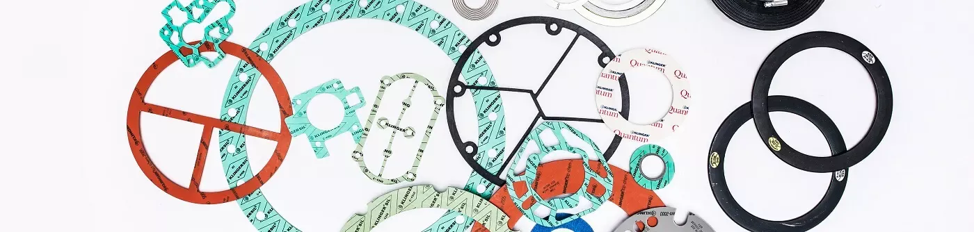 klinger gasket sheeting range with metallic gaskets amongst the lineup - presented dispersed on a white background