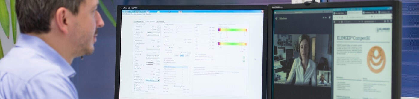 klinger united kingdom employee viewing software on a teams call about the use of klinger compensil when showcasing klinger expert