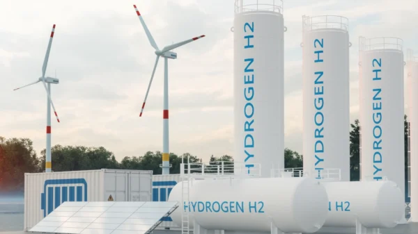 stock image of hydrogen plant, presenting tanks, wind turbines, and solar panels
